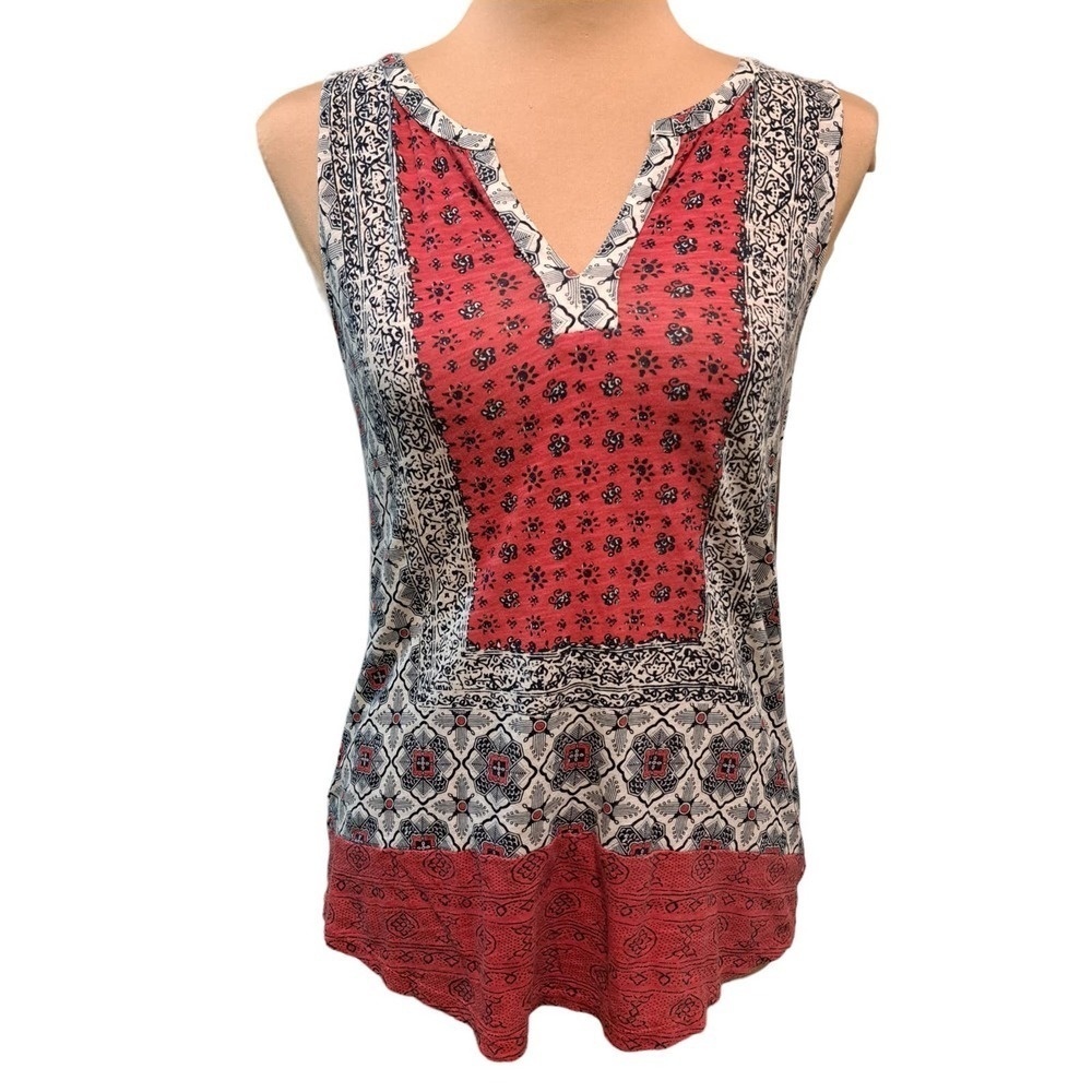 Lucky Brand Red and Black Patterned V-Neck Tank Top Size XS